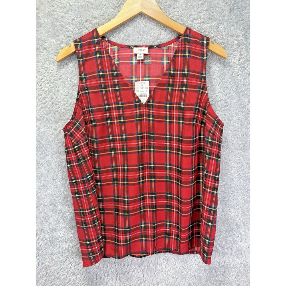 NEW J Crew Womens M Red White Plaid V Neck Shell Top Sleeveless Blouse Preppy